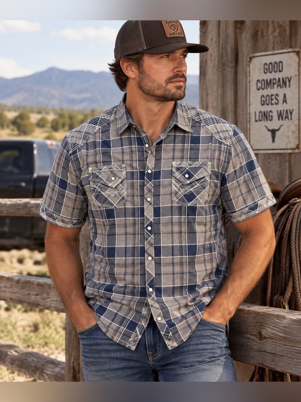 Buckle Men's Blue and Gray Plaid Short-Sleeve Pearl Snap Shirt